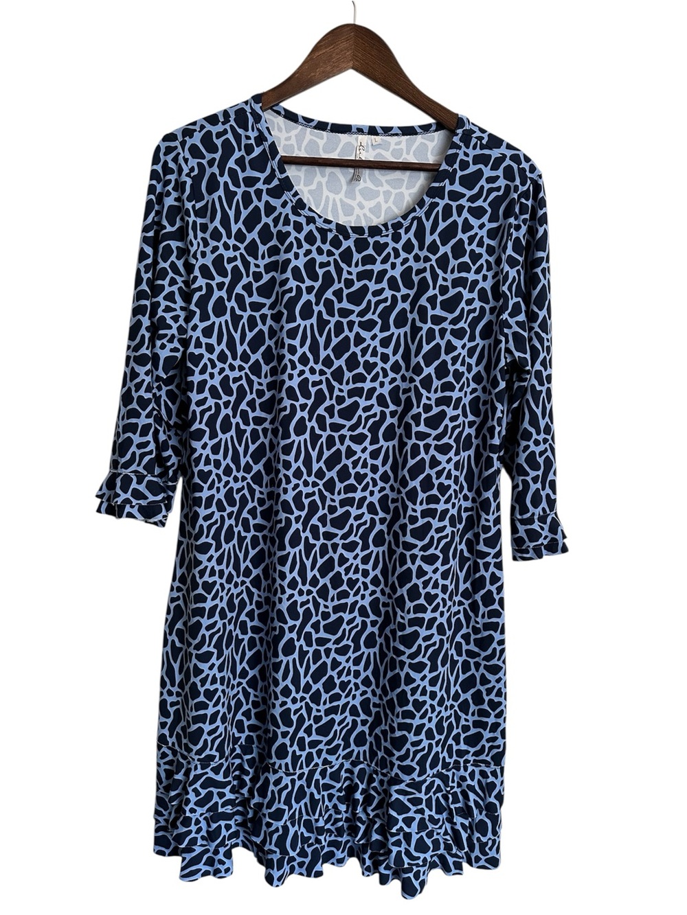 Lulu B Women’s Large Blue Print Ruffle Hem Dress with 3/4 Sleeves
